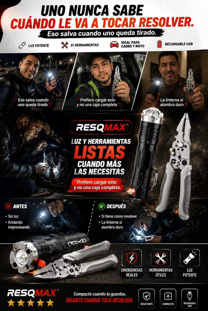 RESQMAX™ KIT 21EN1 + LINTERNA TÁCTICA El problema no es cuando todo está bien… es cuando toca resolver.