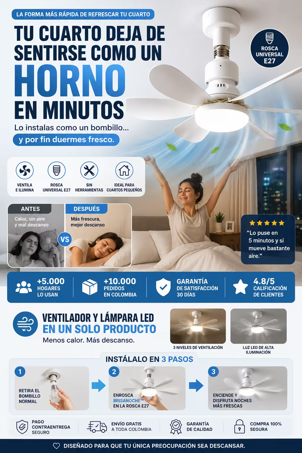 BrisaNoche™ Lampara Ventilador Contro Remoto Lo instalas como un bombillo… y por fin duermes fresco.