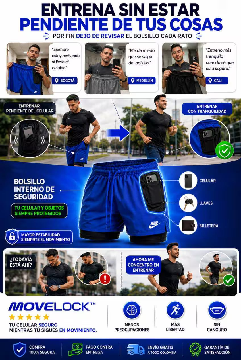 MOVELOCK™ Pantaloneta x2 con Licra y Bolsillo de Seguridad, Mantén tu celular seguro mientras entrenas