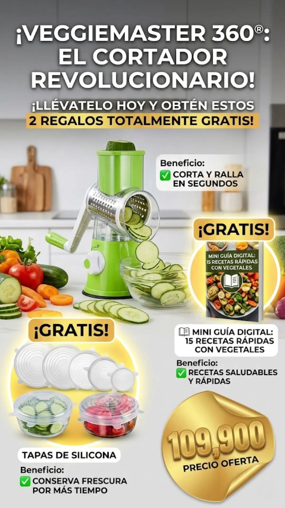 VeggieMaster 360® – Molino Cortador de Vegetales 3 en 1 + Tapas de Silicona FreshSeal™ GRATIS