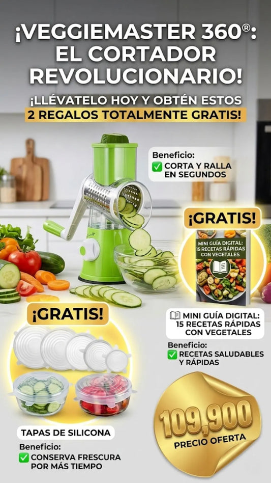 VeggieMaster 360® – Molino Cortador de Vegetales 3 en 1 + Tapas de Silicona FreshSeal™ GRATIS