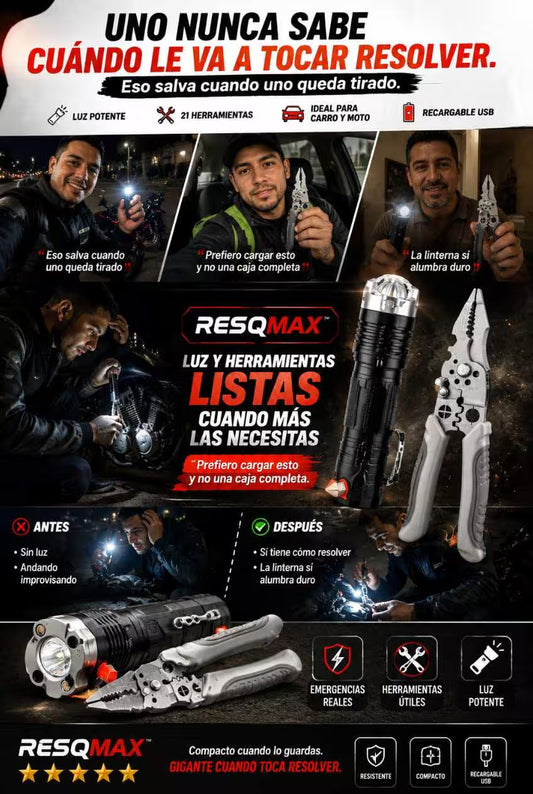 RESQMAX™ KIT 21EN1 + LINTERNA TÁCTICA El problema no es cuando todo está bien… es cuando toca resolver.