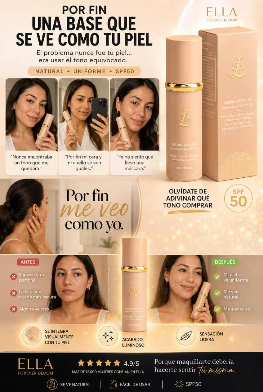 Ella Forever Bloom Skin Match SPF50 Base 4 en 1Porque el problema nunca fue tu piel… era usar el tono equivocado.