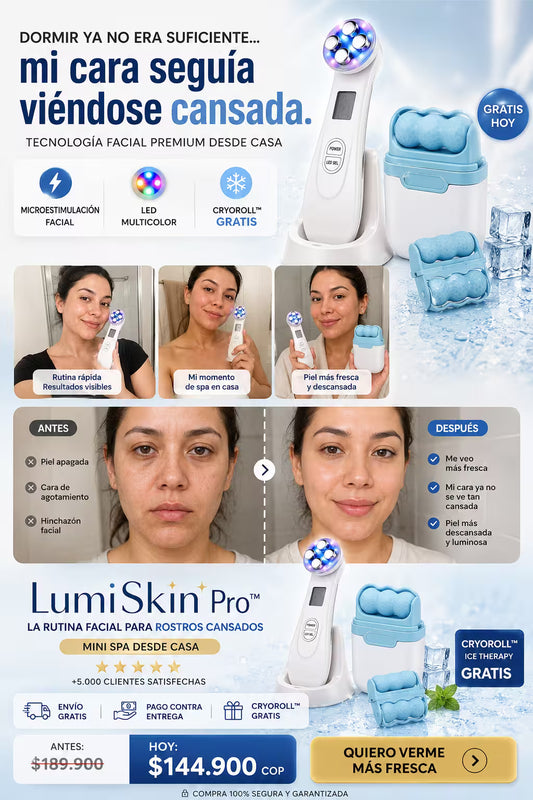 LumiSkin Pro™ Electroporacion Facial + CryoRoll™ Ice Therapy Tu cara no estaba envejecida… Solo se veía agotada.
