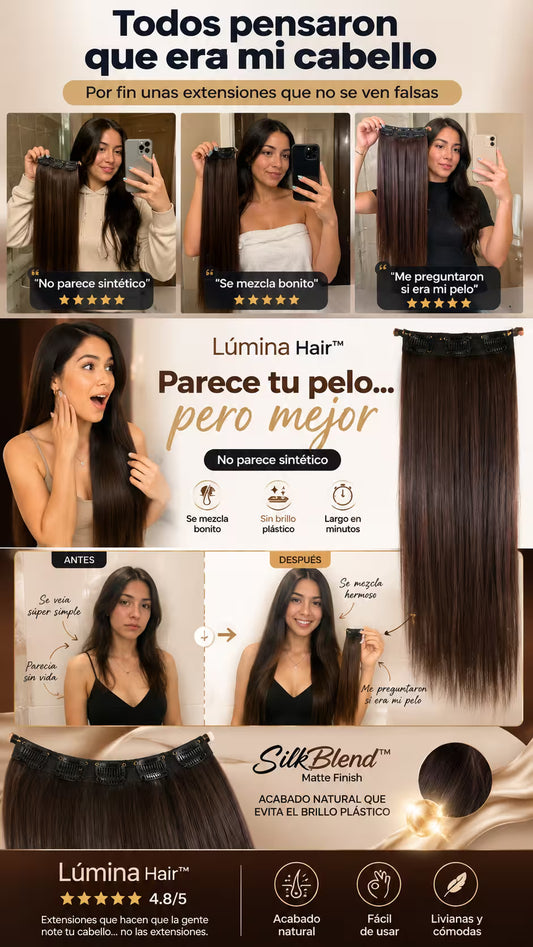 Lúmina Hair™ Invisible Clip Extensions. Cabello largo, volumen y efecto wow en minutos.