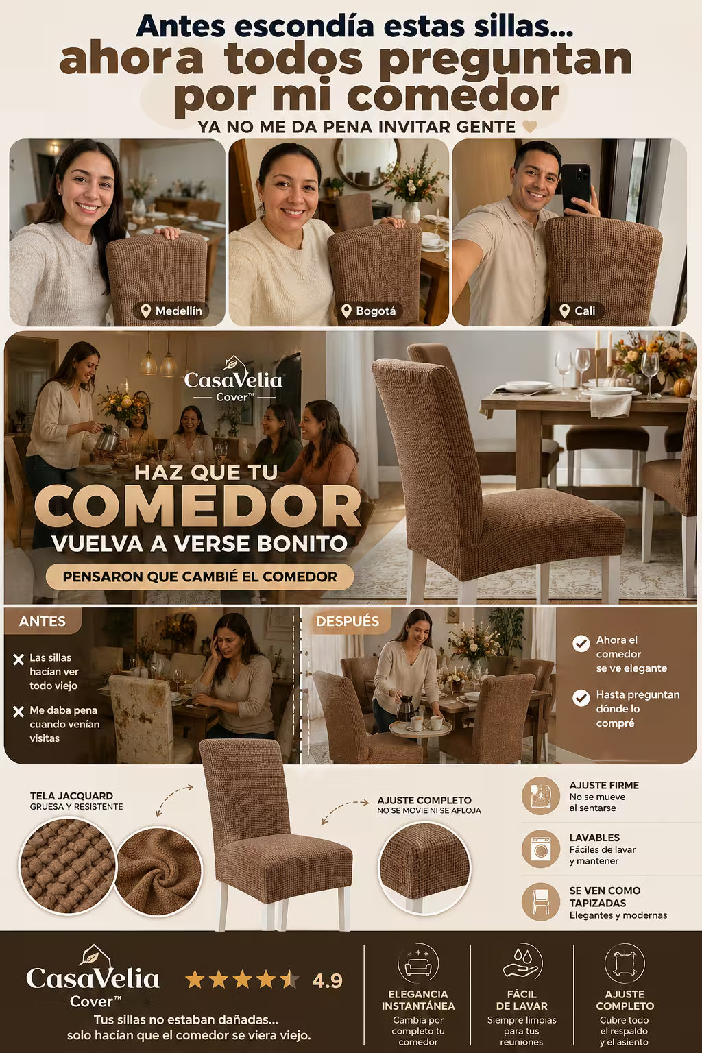 CasaVelia Cover™ Fundas Elásticas Gruesas X6. Antes escondía estas sillas… ahora todos preguntan por mi comedor