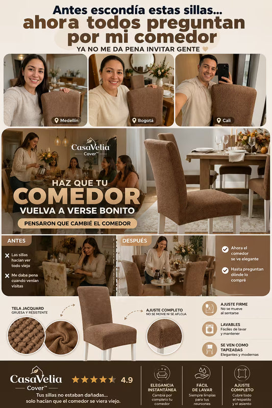 CasaVelia Cover™ Fundas Elásticas Gruesas X6. Antes escondía estas sillas… ahora todos preguntan por mi comedor