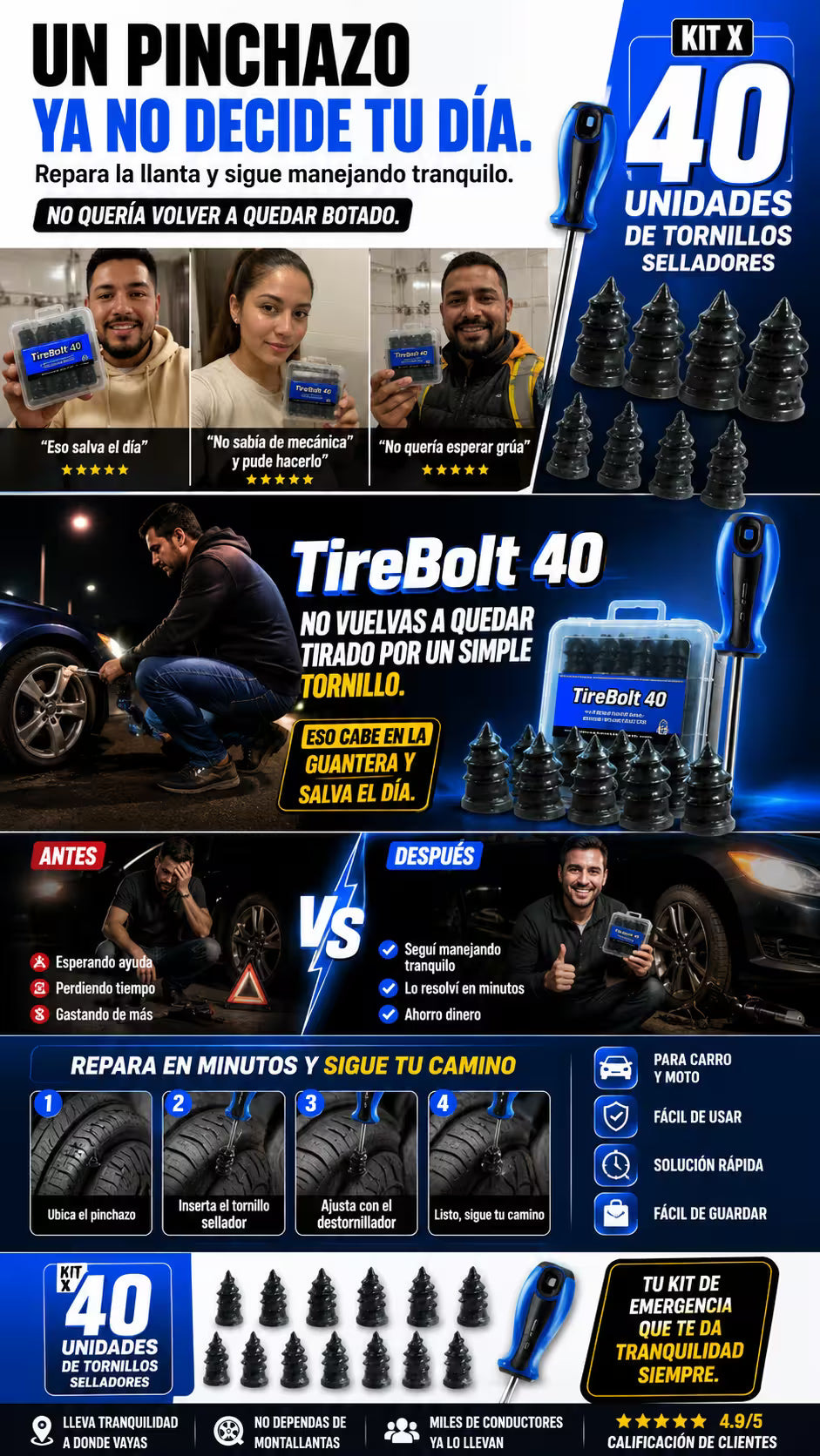 TireBolt 40. Kit x 40 tornillos reparadores de llantas. Un pinchazo ya no decide tu día.