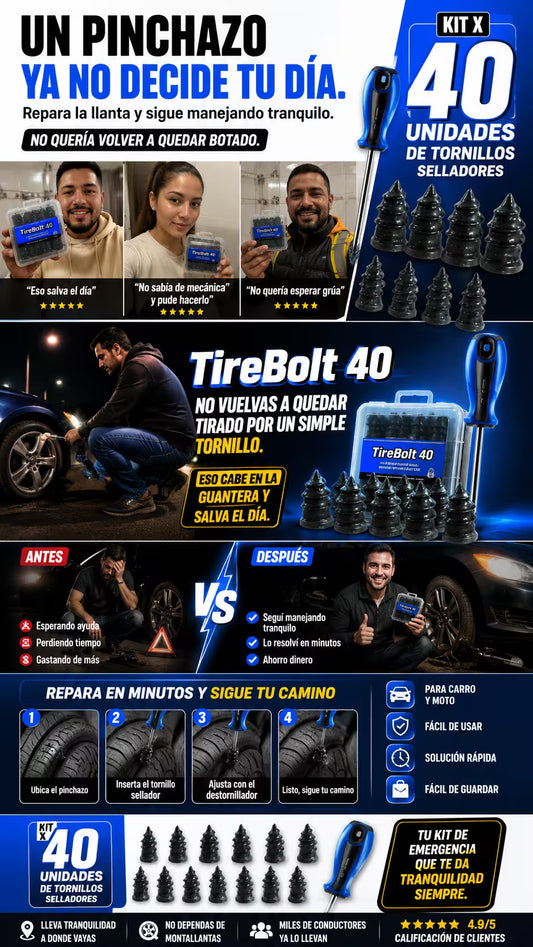 TireBolt 40. Kit x 40 tornillos reparadores de llantas. Un pinchazo ya no decide tu día.