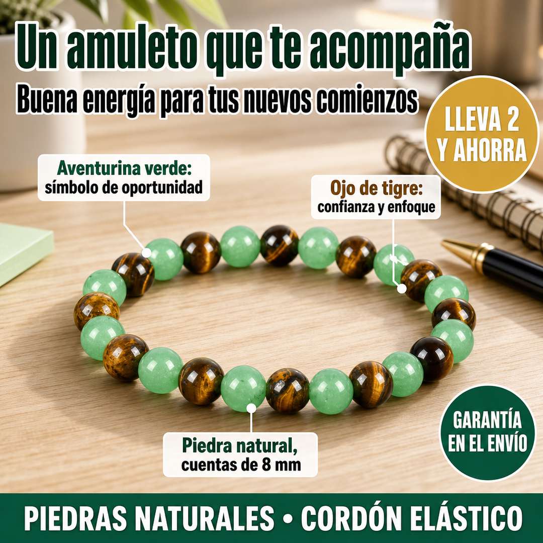 Pulsera Aventurina Verde y Ojo de Tigre - Piedra Natural 8 mm - Lleva 2